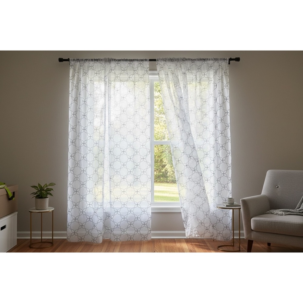 Better Homes & Gardens Trellis Sheer Curtain Panel White Gray 50x84 Embroidered